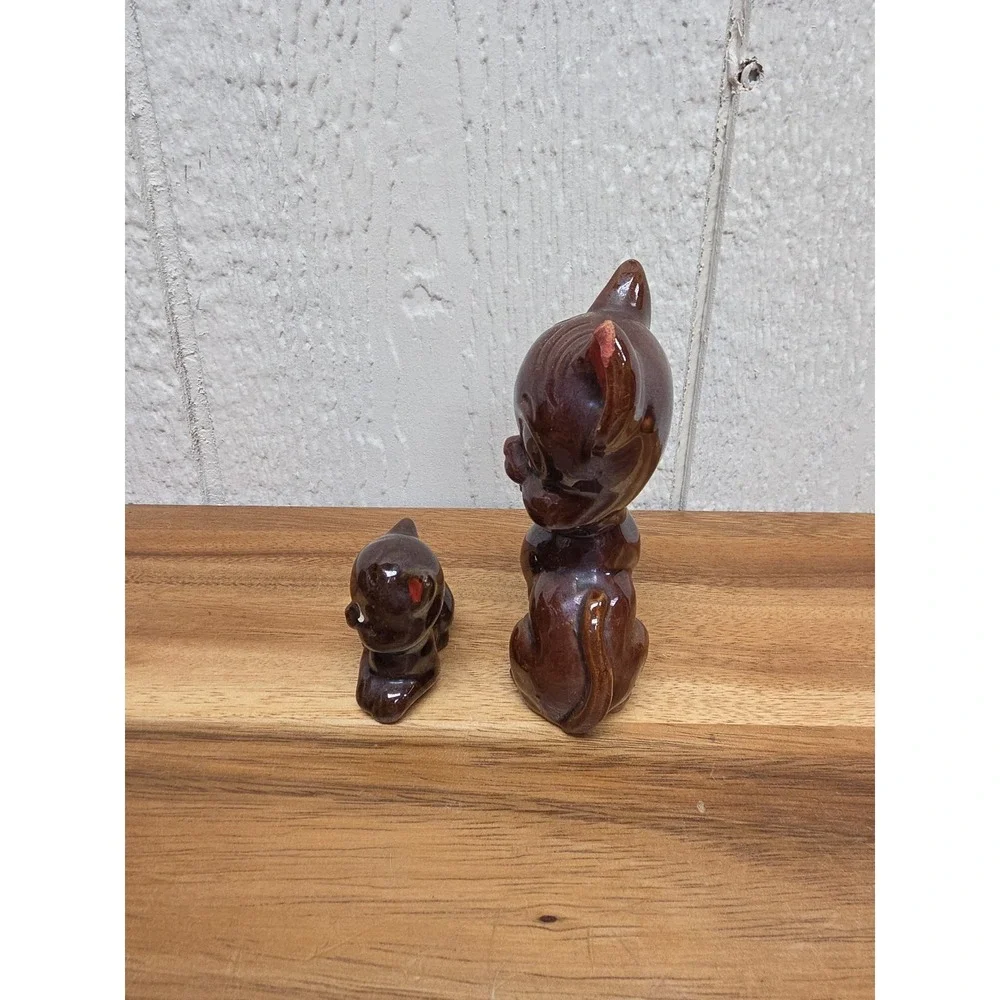 VTG - Red Clay Brown Glazed Mama Cat & Kitten Duo- Japan - VGC